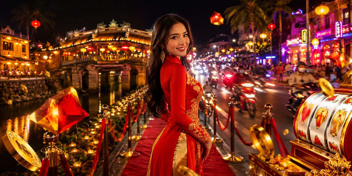 Trò chơi slot tại Hội An với trang phục áo dài truyền thống Việt Nam