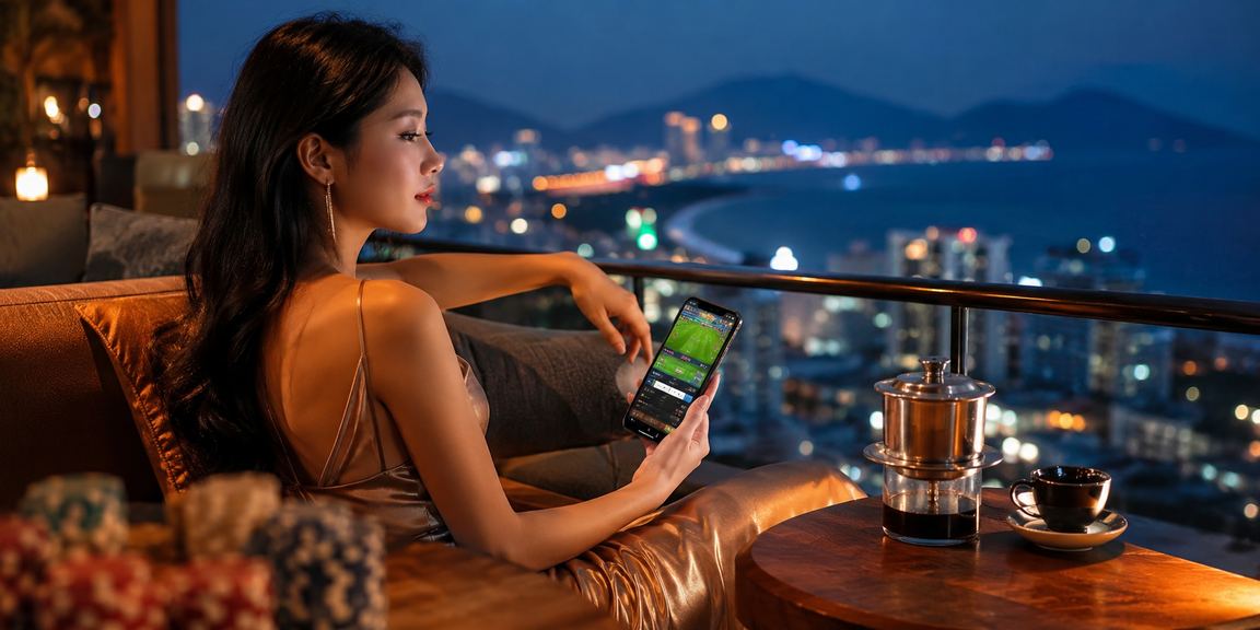 Người dùng xem thông tin thể thao tại Vũng Tàu với cà phê buổi sáng trên điện thoại